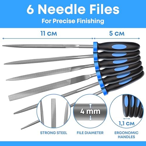 Needle File Set - 6 Pieces for Wood, Metal, Plastic and Jewelery - 160 x 4 mm - Small Round, Half-Round, Square, Triangle, Flat and Pointed Files