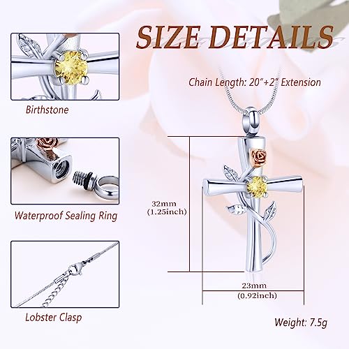 Minicremation Cross Urn Necklace for Ashes Birthstone Rose Flower Cremation Jewelry for Women Gilrs Keepsake Memorial Ashes Pendant Gold