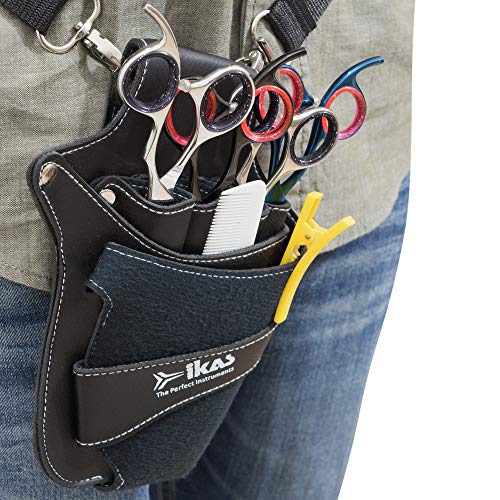Ikas black PU leather scissor holster with belt and shoulder strap for hairdressers, barbers, and pet groomers