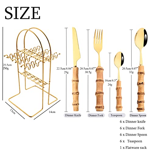 24-Piece Gold Stainless Steel Flatware Set, Bamboo Handle Cutlery with Stand Dinnerware Set Include Knife Fork Spoon And Teaspoon, Service For 6, Mirror Finished.