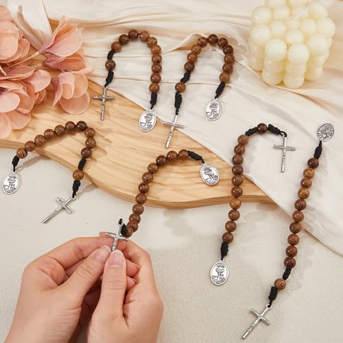 DICOSMETIC 6Pcs Saint Benedict Medal Pocket Rosary Open Style One Decade Rosary Wood Beads with Antique Silver Medal and Crucifix Catholic Christian Religious Gift Pack for Men Women