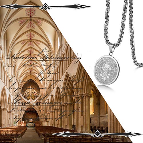 JewelryWe Mens Necklace,Saint Benedict Medal Pendant Celtic Cross Christian Jewelry Stainless Steel Necklace Silver