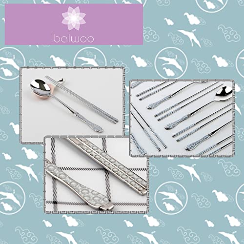 Goryeo Celadon Design Korean Table Sticky Rice Spoon and Chopsticks 430 Stainless Steel Glossy Surface Mukbang Cutlery (White, 5 Sets) White, 5 Sets