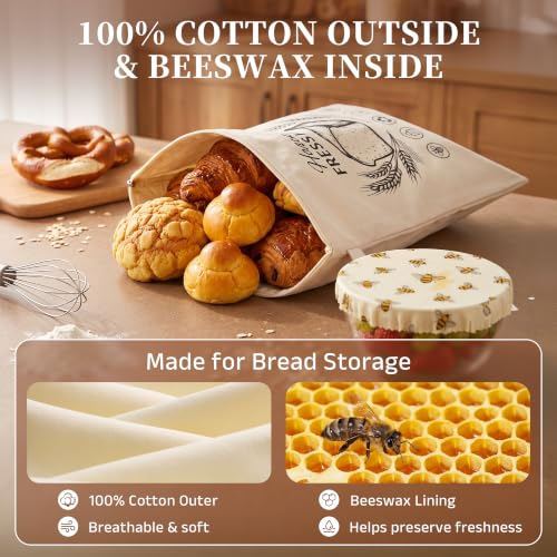 FATROCK Bread Print Beeswax-Lined Bread Bags, 13 x 17 in, 3 Pack