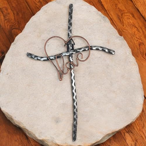 Top Brass Decorative Love/Heart Metal Wall Cross – Welded Wrought Iron with Rustic Copper and Silver Finish – Spiritual Art Sculpture – Weddings, Anniversaries, Valentines, I Love You Gift