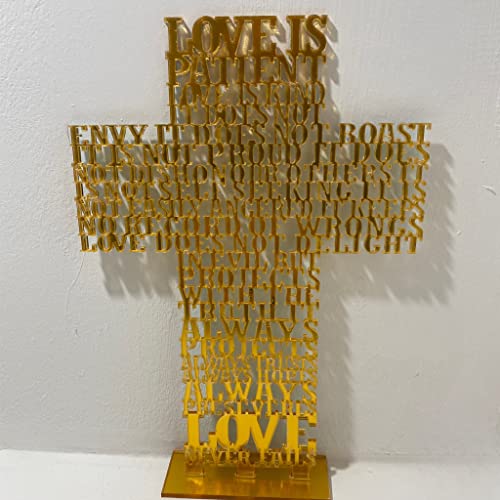 eBoutik – 3D Gold Laser Cut Out Religious Standing Ornament for Home, Church, Passover, Wedding – Christian Religious Prayer Gift for Women & Men - Love Is Patient - 1 Corinthians 13:4–8
