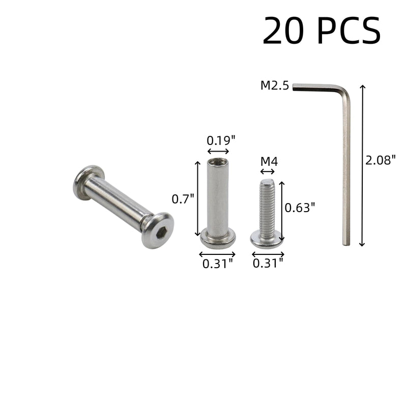 [Australia - AusPower] - 20-Pack M4×16mm Barrel Nuts and Bolts Stainless Steel Binding Screws Silver Screw Rivets for Leather Belt Buckle Bags Table Cupboard with Hex Wrench M4×16mm, 20 
