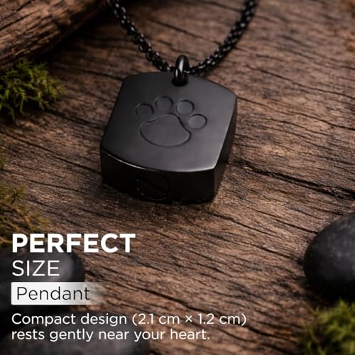 Black Paw Print Urn Necklace with Funnel Kit – Stainless Steel Cremation Jewelry for Ashes, 55cm Chain, Discreet Hollow Keepsake Pendant for Pet or Loved One