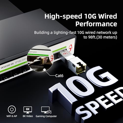 10G SFP+ RJ45 Module, 10GBase-T SFP+ Transceiver up to 30 m | Cat6a/Cat7, compatible with Cisco, HPE, MikroTik, Ubiquiti, Synology, QNAP, Plug & Play