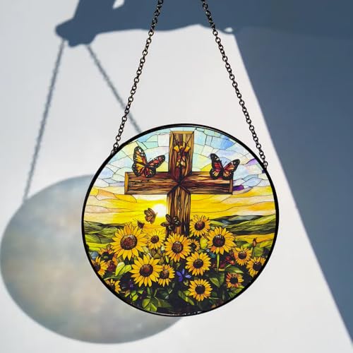 Cross Stained Glass Sun Catcher, 8 Inch Window Hanging Christian Gifts Cross and Sunflower