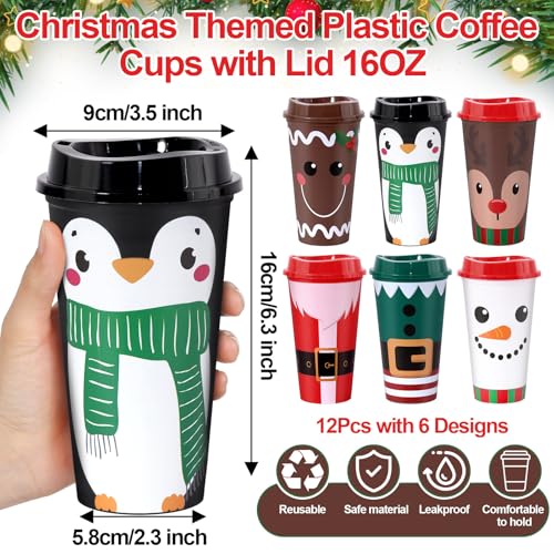 12 Pack Christmas Reusable Coffee Cups 16 oz Xmas Tumblers with Lid Santa Elk Snowman Gingerbread Penguin Plastic Travel Mug for Hot and Cold Drinks Thank You Gifts for Winter Holiday Party Supplies