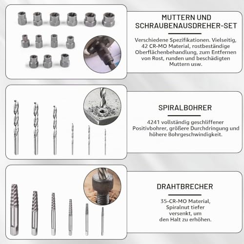 26-Piece Screw and Nut Remover Set, Left Extractor Set with Carry Bag, Professional Screw Extractor Set, Remove Damaged, Rusted Nuts
