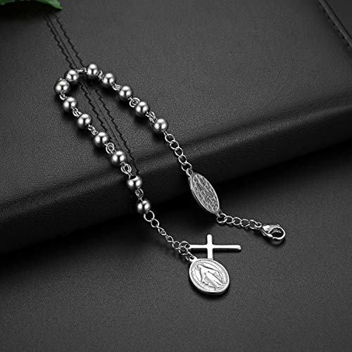 Flongo Cross Rosary Beads Bracelet, Vintage Stainless Steel Jesus Christ Crucifix Cross Bracelet for Men Women Christmas Wedding Silver