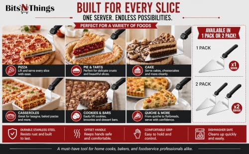 Pizza, Pie & Cake Server 13.25 Inch Extra Large | Stainless Steel Offset Pizza Server | Serving Pizza, Cake, Pie, Quiche & Desserts | 2 Pack | Bits N Things 13.25" - 2 Pack