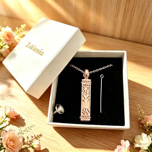 Tree of Life Vertical Bar Urn Pendant Memorial Ashes Necklace for Men Women Rose Gold