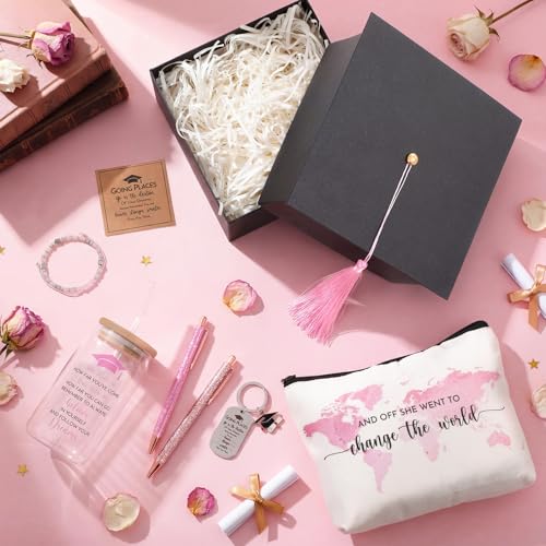 Vesici 8 Pcs Class of 2026 Graduation Gift Box Set for Women Her Grad Cap Box Glass Cup Makeup Bag Bracelet Pen Keychain College High School Graduation Gift for Daughter Sister Friend(Pink) Pink