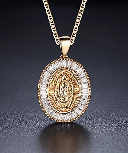 Barzel 18K Gold Plated Flat Mariner/Marina 060 3MM Chain Necklace With Cubic Zirconia Virgin Mary Guadalupe Charm Pendant 18 Inches