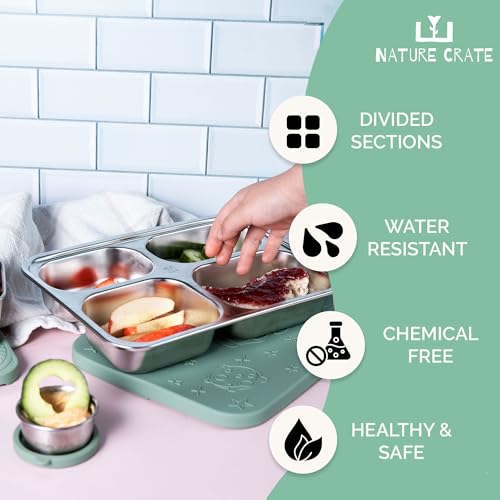 Stainless Steel Lunch Box for Kids 5 and Older – 3 Pieces Stainless Steel Bento Box with 4 Compartments & 2 Snack Containers – Leak Proof, BPA-Free, Eco-Friendly, Dishwasher Safe & Durable – Green