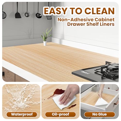 Drawer Shelf Liner for Kitchen Cabinets Non-Adhesive, Non Slip Shelf Paper Waterproof Thickened Cabinet Liners for Shelves, Strong Grip Mats for Cupboard, Dresser, Pantry, Wood-Grain, 23.6 in x 10 FT 23.6"W x 118.1"L Wood Grain Pattern