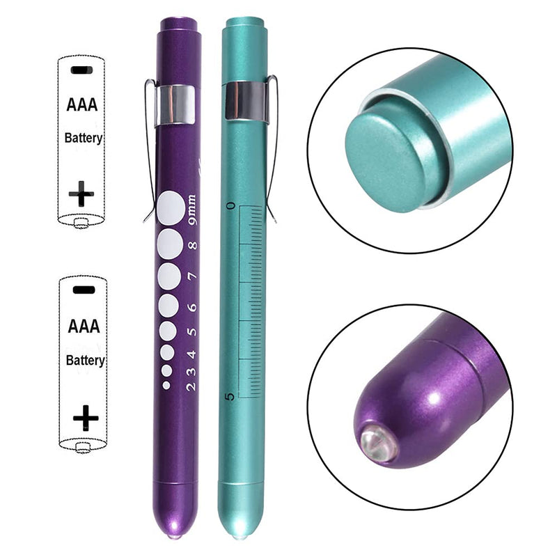 Aokin Pen Light with Pupil Gauge, Reusable LED Penlight Medical for Doctor Nurse Diagnostic etc, White Light, Purple and Teal