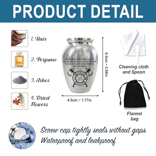 Fireman Mini Keepsake Urn, Stainless Steel Small Memorial Urn for Human Ashes, Engraved Firefighter Helmet & Axe Design, 2.56" Decorative Funeral Urn for Brave First Responders