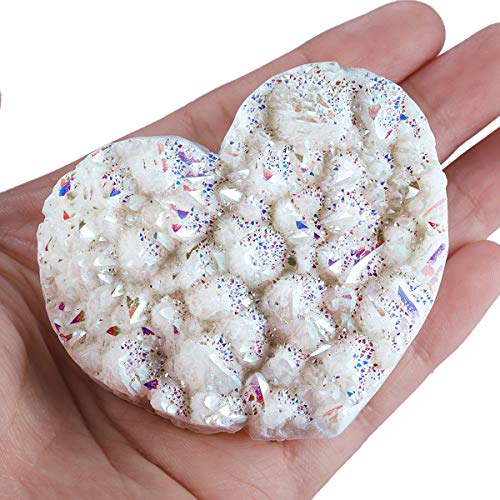 Rockcloud Titanium Coated Crystal Quartz Heart Shape Cluster Druzy Geode White
