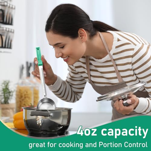 Teenyyou 2 Pcs Portion Control Serve Spoons, Green, 4 oz, Solid and Slotted 4 oz (Pack of 2)