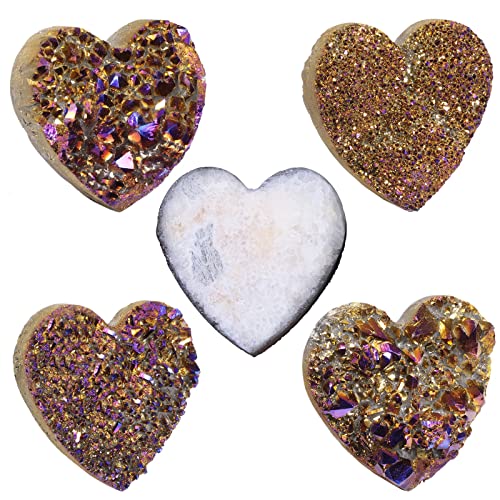 SUNYIK Heart Purple/Gold Rainbow Titanium Coated Rock Quartz Cluster Druzy
