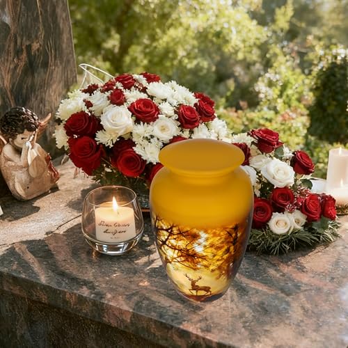 NANIURN Large Urn for Human Ashes, Yellow Forest Deer Funeral Cremation Urn