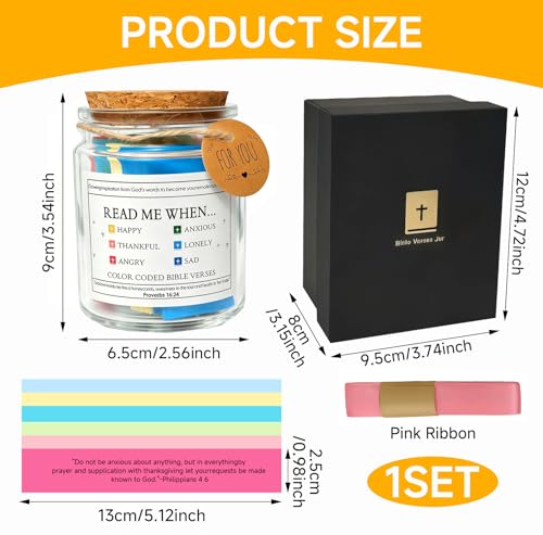 Bible Verses Jar Glass – Read Me When Inspirational Scripture Cards (90 Verses) in English, Colour-Coded Emotional Categories, Christian Gift for Women & Men, Easter Religious Encouragement Gift