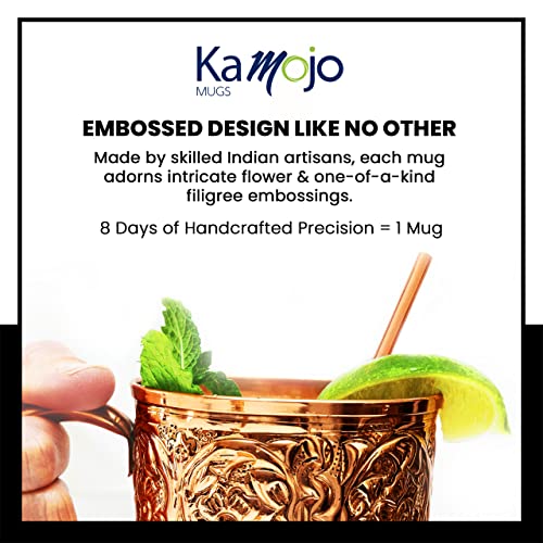 Kamojo Copper Cups Set of 2 with Unique Handcrafted Embossed Design with Anti-Tarnish Food-Grade Coating - Moscow Mule Copper Mugs Gift Set with 2 Straws & Recipe E-Book, 16 oz 2 Pack