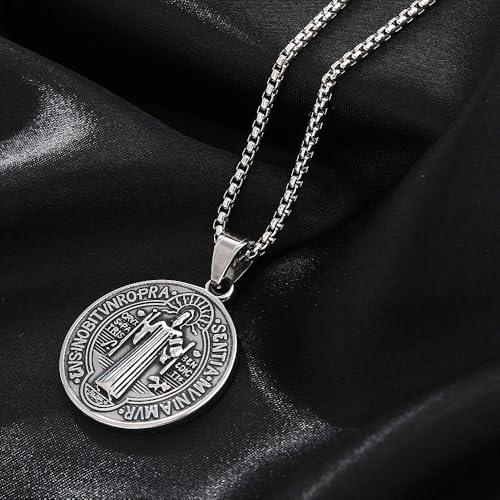 St Benedict Exorcism Medal Necklace - Stainless Steel Christian Catholic Roman Cross Pendant - Patron Saint Amulet Medal Religion Jewelry Silver