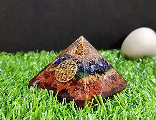 Seven Chakra Orgone Crystal Pyramid with Flower of Life Symbol for Reiki Healing, Chakra Balancing, Aura Cleansing, Energy Generator, Yoga Meditation Size: 60-70 MM
