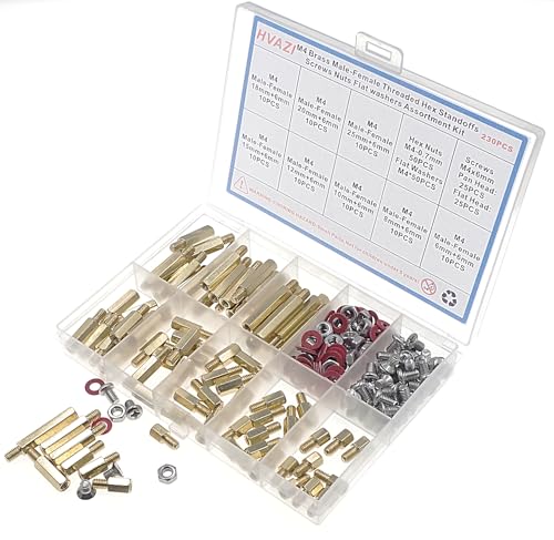 HVAZI 230-piece M4 brass male-female hex standoffs, screws, nuts and washers assortment kit