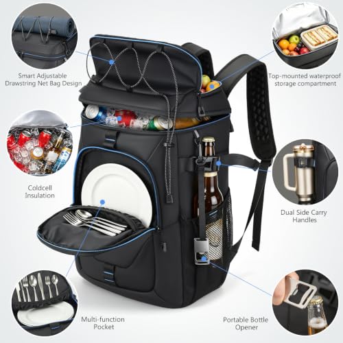 Waterproof Cooler Backpack, 36/50 Can Insulated Leakproof Cooler Bag Beach Black with Camping Mat 36 Can