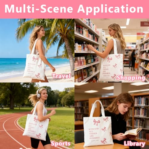 Huipalon Pink Christian Bag with Matthew 19:26 Scripture Quotes and Bow Design Minimalist Aesthetics Double-sided Bible Bags Christian Gifts for Women Girls