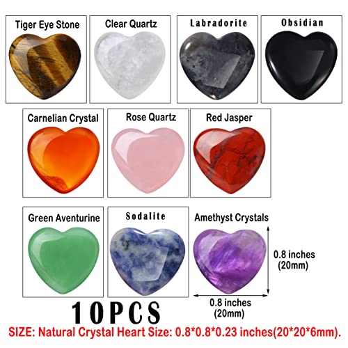 10PCS Heart Shape Crystals Healing Stone Set Bulk Natural Love Heart Amethyst Rose Quartz Carnelian Tiger Eye Obsidian Labradorite Palm Reiki Meditation Crystal Gifts for Women 0.8" Multicolor-10pcs