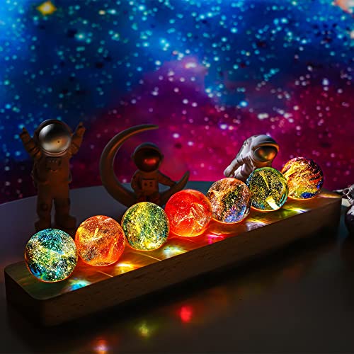 7 Chakra Natural Healing Spheres with LED Wooden Stand and Natural Gemstones Solar System Model Multicolor Space Decor 8 Plantes Model