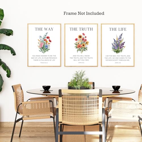 3Pcs Bible Verse Floral Poster,The Way The Truth The Life Scripture Posters Prints Wall Art for Home 11x14 Inch Unframed Bible Floral