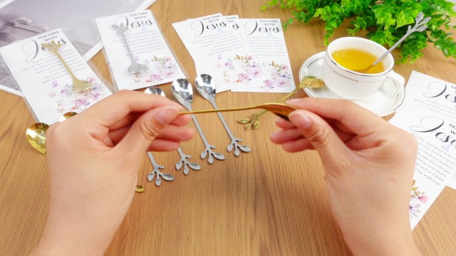 50 Sets Christian Tea Party Favors Stainless Steel Leaf Tea Spoons with Prayer Cards Clear Bags, Religious Gifts for Women Ministry Mothers Day Easter Church Christmas Birthday Family Reunion Gifts Gold 50 Jesus and Tea
