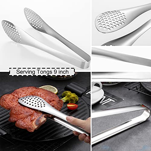 11 PCS Serving Utensils, Large Stainless Steel Spoons Forks Tongs, Pie Server, Great for Hostess Buffet Catering Banquet Party, Silver 11 PCS