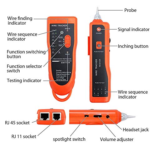 BOOGIIO orange RJ45 RJ11 wire tester and cable tracker with earphone for Ethernet, LAN, Cat5, Cat6, and telephone lines