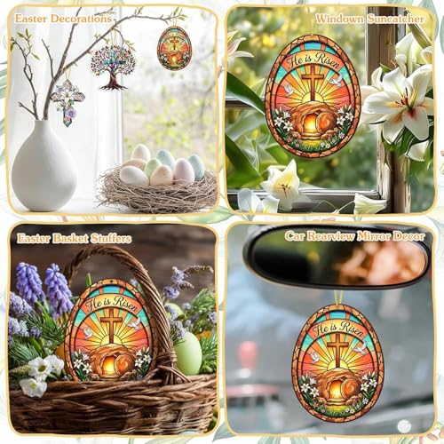 Easter Egg Ornament for Tree Decorations - He is Risen Cross Easter Decor - Religious Gifts for Women Men Kids, Catholic Gifts, Stained Glass Egg Ornament and Easter Basket Stuffers 6499