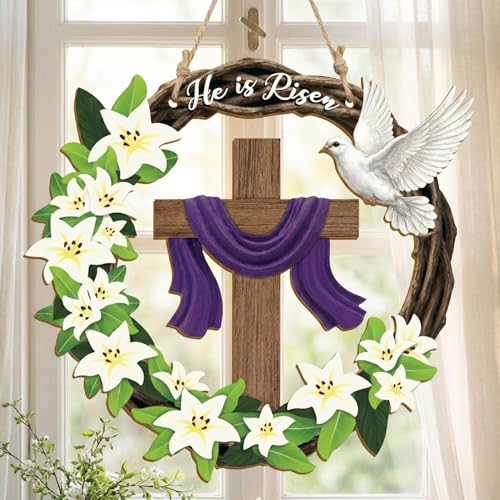 He is Risen Easter Wreath, Wooden Christian Cross Door Decor with Lily Flowers & Dove, Faith-Inspired Easter Hanging Sign for Front Door, Wall, Farmhouse Spring Decor