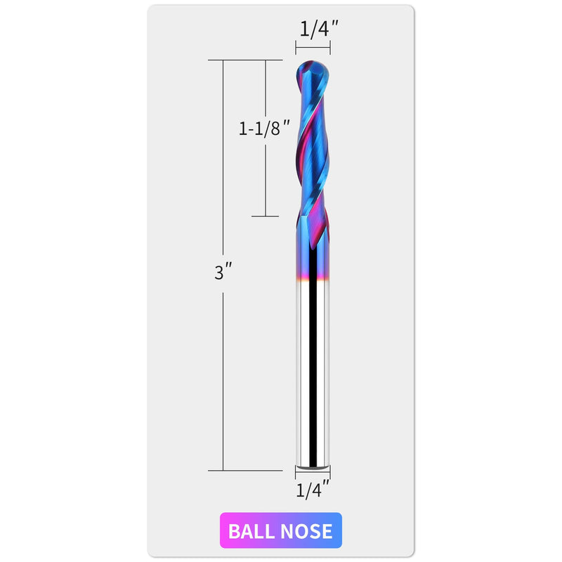 EANOSIC 1/4 Inch Shank Carbide Ball Nose End Mill Set (5 Pieces), CNC Router bits Milling Tools with Nano Blue Coating for Side Milling, End Milling, Finish Machining 5 PCS Ball Nose Set