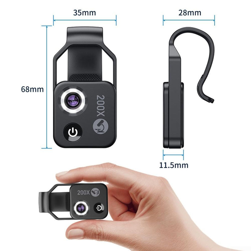 [Australia - AusPower] - 200x Cell Phone Microscope Lens with LED Light, Portable Digital Microscope for Kids, Handheld Microscope, Dermatoscope, Skin Diagnostic, Hair Analyzer black 