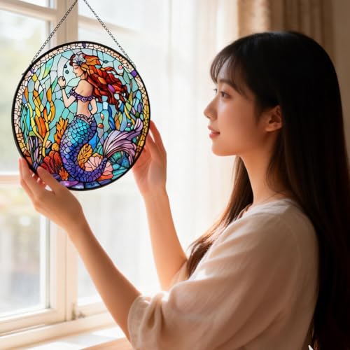 7.87in MermaidStained Glass Window Hanging Sun Catchers Glass Panel Mermaid