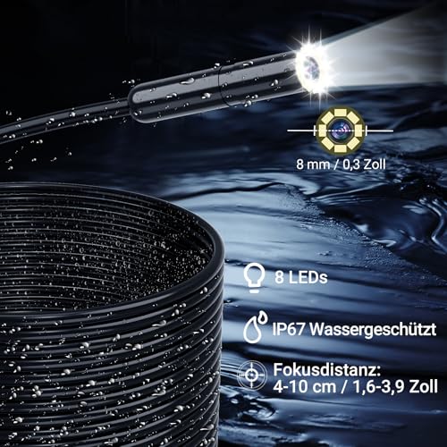 4.3 Inch IPS Endoscope Camera with Light 1080P HD - IP67 Waterproof Inspection Camera & Tube Camera with 8 LEDs, 5 m Semi-Rigid Probe for Car, Pipes, Household, No WiFi / App Required | Tube Camera with 8 LEDs, IP67 Waterproof Inspection Camera, Semi-R...