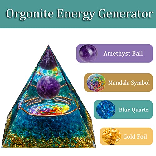 Orgone Pyramid, Amethyst Healing Crystal Pyramid and Orgonite Healing Stones, Protection Crystal Energy Generator for Yoga, Meditation, Stress Reduce Blue Quartz