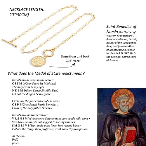 SOFYBJA Saint Benedict Necklace Drop 18K Gold Toggle Medallion Coin Cross Pendant Necklaces Religious Jewelry Catholic Gift for Women St Benedict Medal